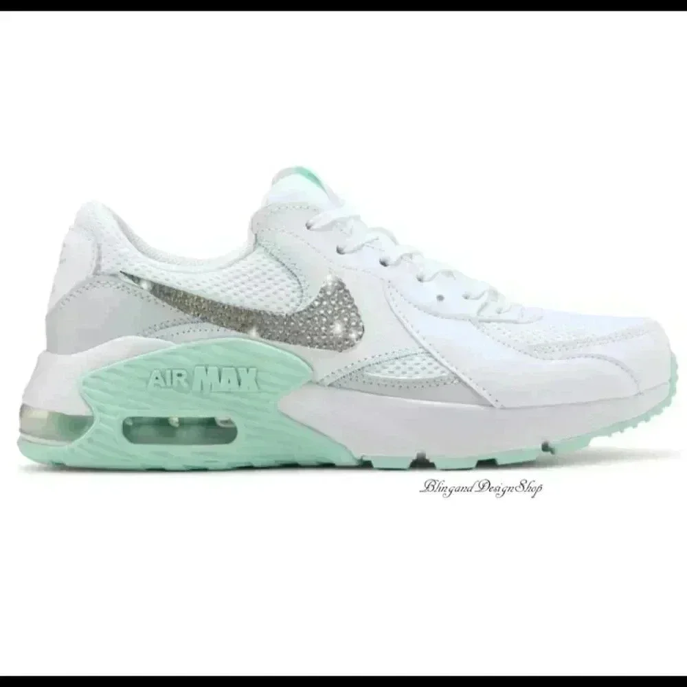 Custom Nike Air Max Excee Womens White Mint Sneakers Shoes Made with Crystals